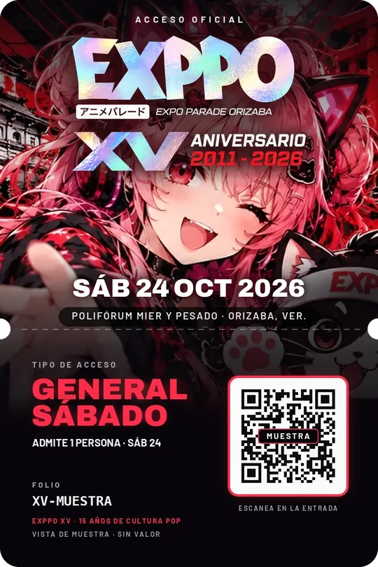 Muestra del acceso oficial de EXPPO XV Aniversario, con código QR y sello de muestra