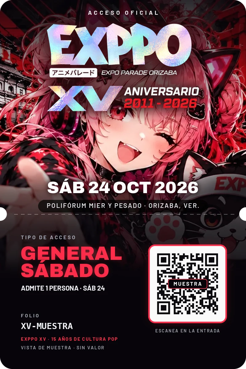 Muestra del acceso oficial de EXPPO XV Aniversario, con código QR y sello de muestra