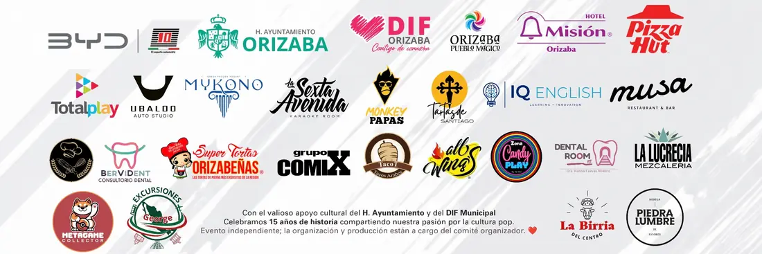 Logos de patrocinadores y aliados: BYD DIEZ, H. Ayuntamiento de Orizaba, DIF Orizaba, Hotel Misión, Pizza Hut, Totalplay y más